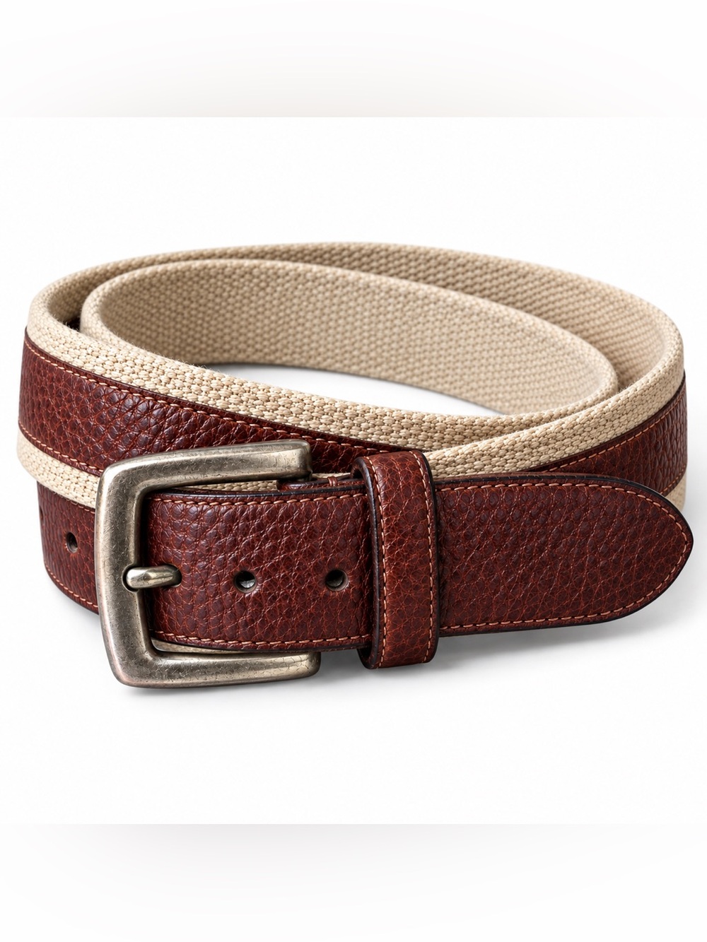 Columbia Brown Leather & Cream Canvas Belt Size 36 Silver Tone Buckle Unisex